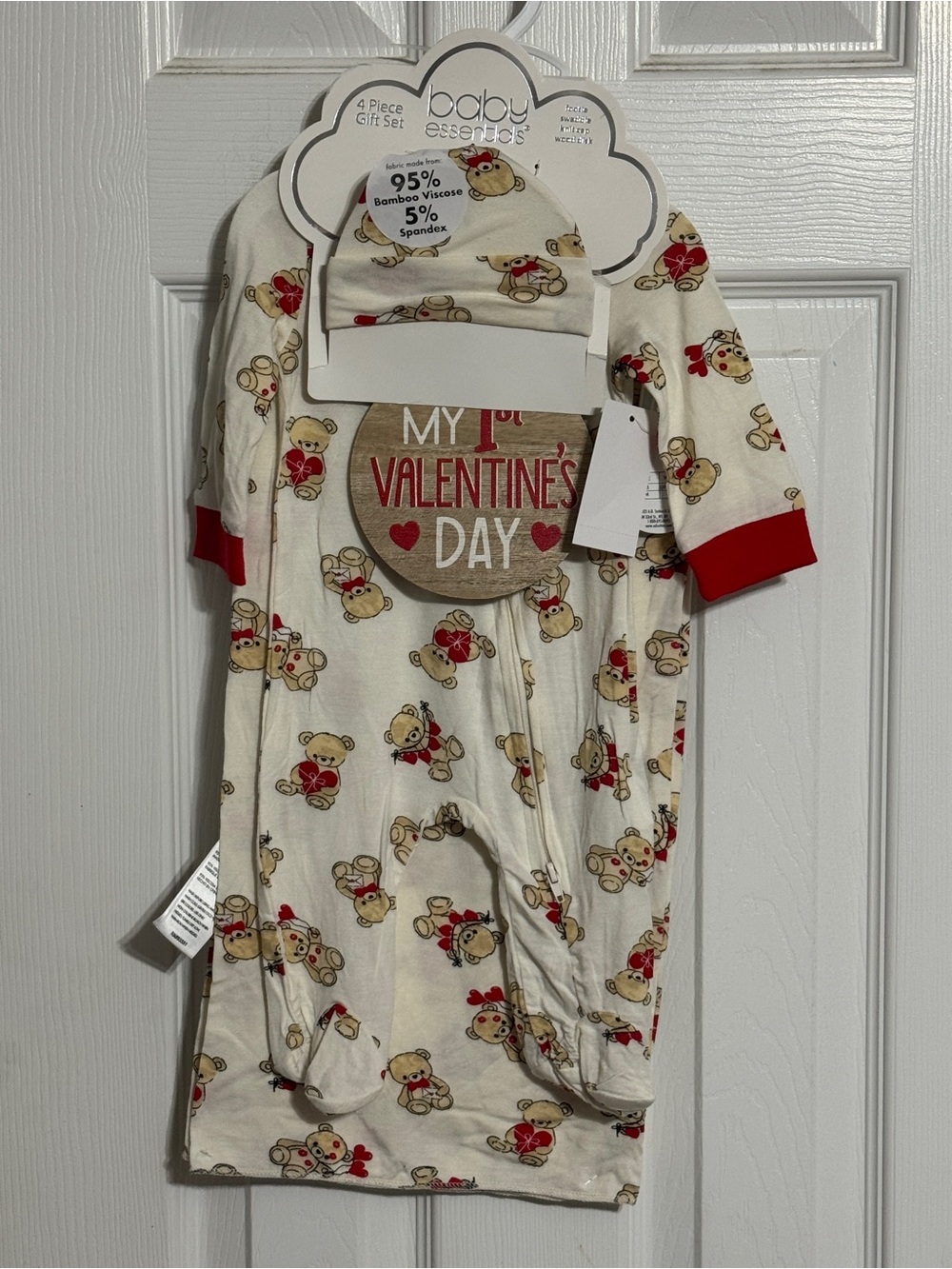 Baby Essentials Teddy Bear Print Valentine's Bamboo Pajama 4 Piece Gift Set